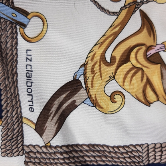 Vintage Liz Claiborne Silk Scarf Bold Crown Tassel Belt Ribbon Horn Crest - Picture 2 of 8